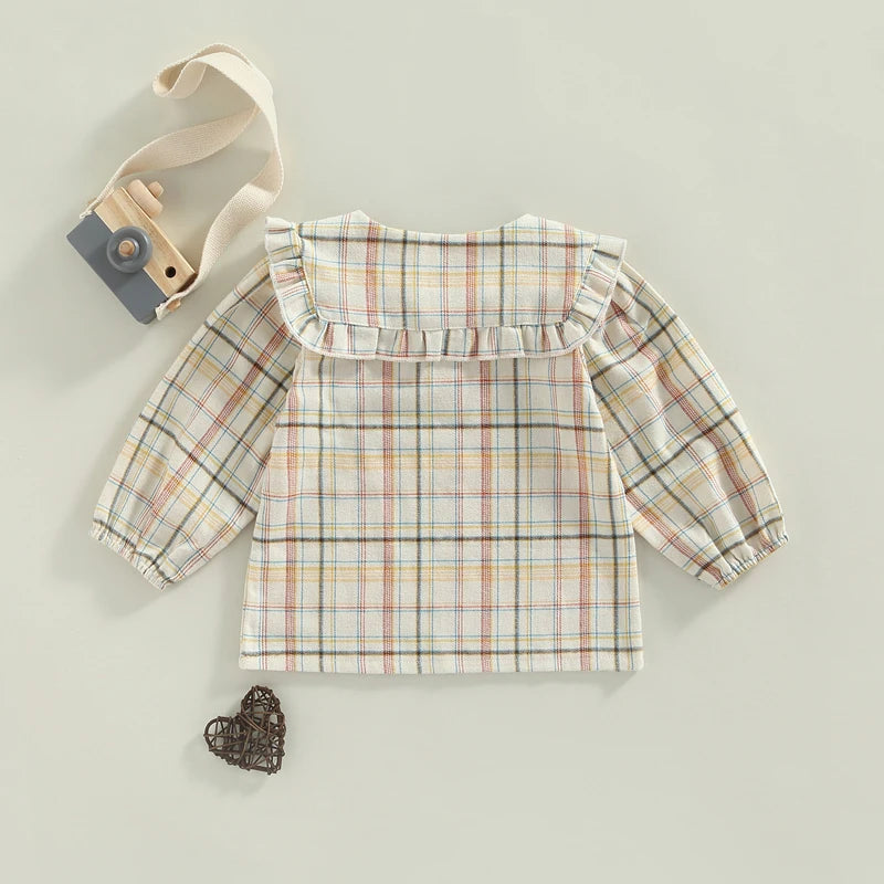 Cute Baby Girls Ruffle Sleeve Tops Plaid Solid Color Doll Collar Blouses Spring Autumn Fashion Casual Shirts for Toddlers