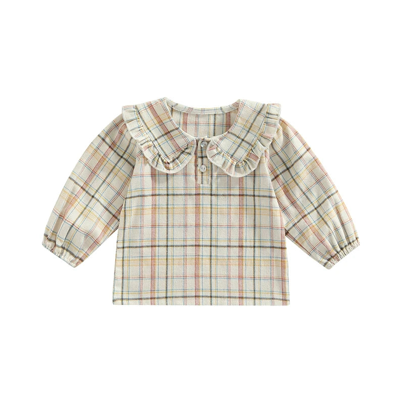 Cute Baby Girls Ruffle Sleeve Tops Plaid Solid Color Doll Collar Blouses Spring Autumn Fashion Casual Shirts for Toddlers