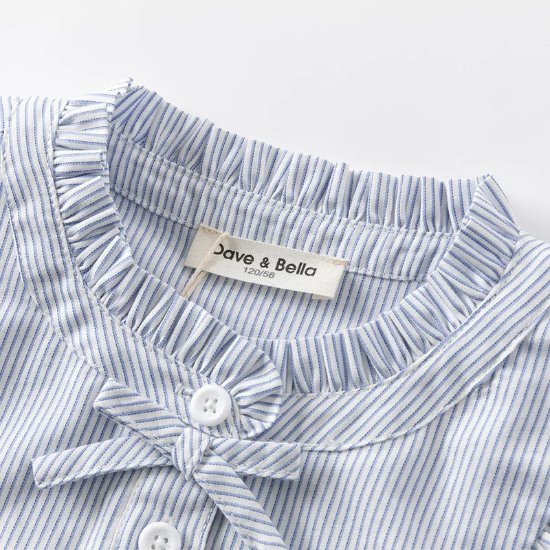Dave Bella Fall Spring Shirt for Girls Casual Children's Stripe Cotton Blouse Sweet Long Sleeve Button-Down Top DK1251004