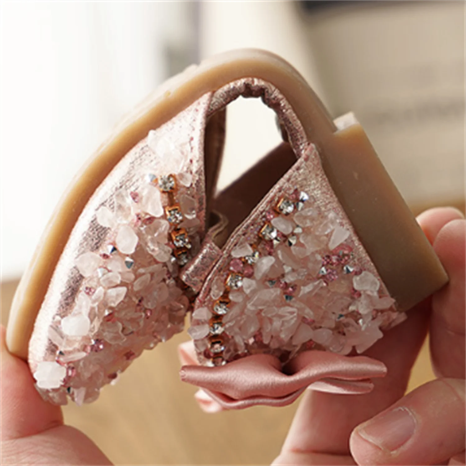2025 Summer New Korean Water Diamond Soft Sole Girls' Half Sandals Princess Shoes Children's Shoes Spring Girls' Leather Shoes