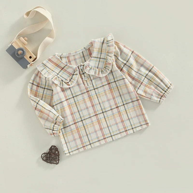 Cute Baby Girls Ruffle Sleeve Tops Plaid Solid Color Doll Collar Blouses Spring Autumn Fashion Casual Shirts for Toddlers
