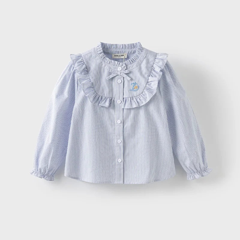 Dave Bella Fall Spring Shirt for Girls Casual Children's Stripe Cotton Blouse Sweet Long Sleeve Button-Down Top DK1251004