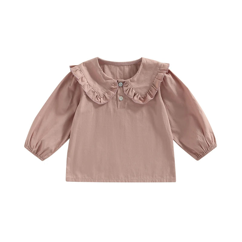 Cute Baby Girls Ruffle Sleeve Tops Plaid Solid Color Doll Collar Blouses Spring Autumn Fashion Casual Shirts for Toddlers